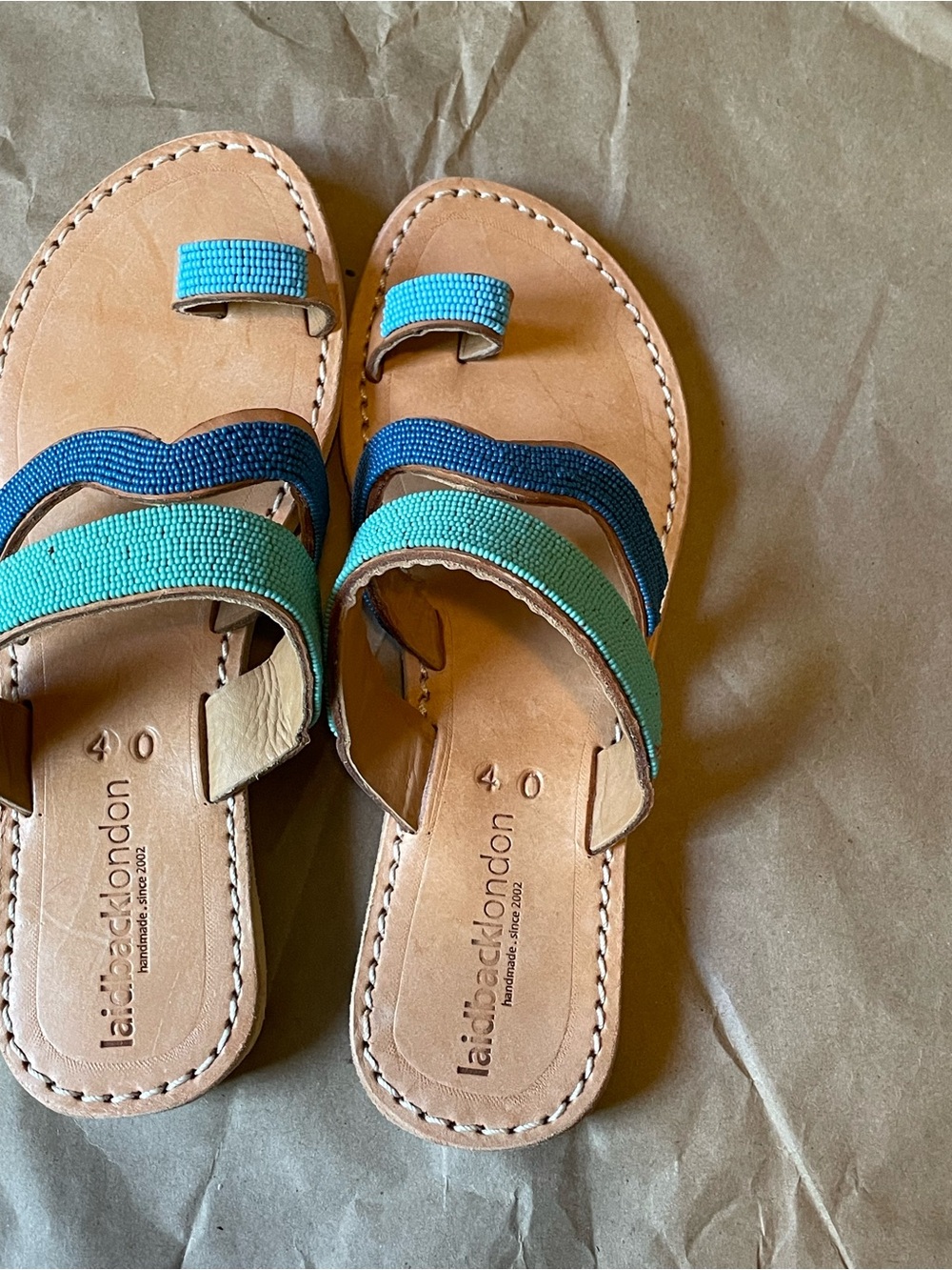 laidbacklondon Teal & Navy Kai Beaded Leather Sandals
